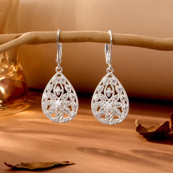 Women's 925 Sterling Silver Teardrop Dangle Earrings Cubic Zirconia Leverback - Picture 4 of 8